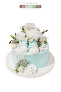  Tort na chrzest Z Żywymi Kwiatami Bucikami Drip Cake Niebieski