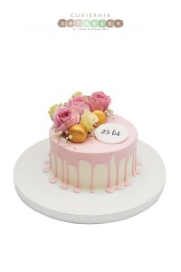  Tort Klasyczny Drip Cake z kwiatami Różowy
