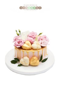  Tort Klasyczny Drip Cake Złoto z Żywymi Kwiatami