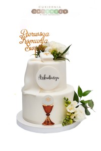 Tort Komunijny Piętrowy z Żywymi Kwiatami Książeczka Topper