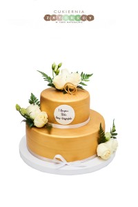 Tort Złoty z Żywymi Kwiatami Na Rocznicę Ślubu